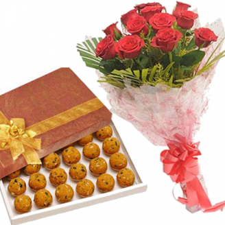 12 Red Rose + 1/2 Motichoor Ladoo Gift Hampers Delivery Jaipur, Rajasthan